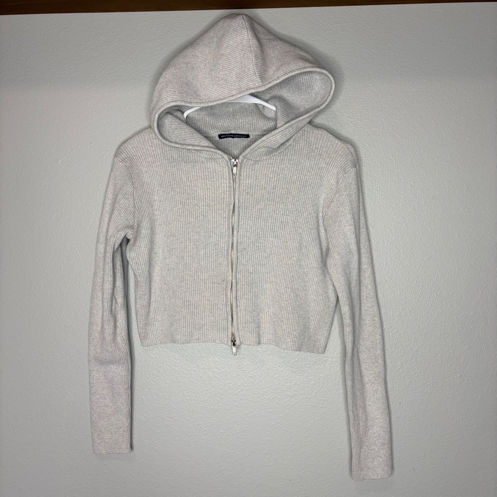 Brandy Melville Heather Gray Ribbed Knit‎ Cropped Zip Up Hoodie Sweater One Size